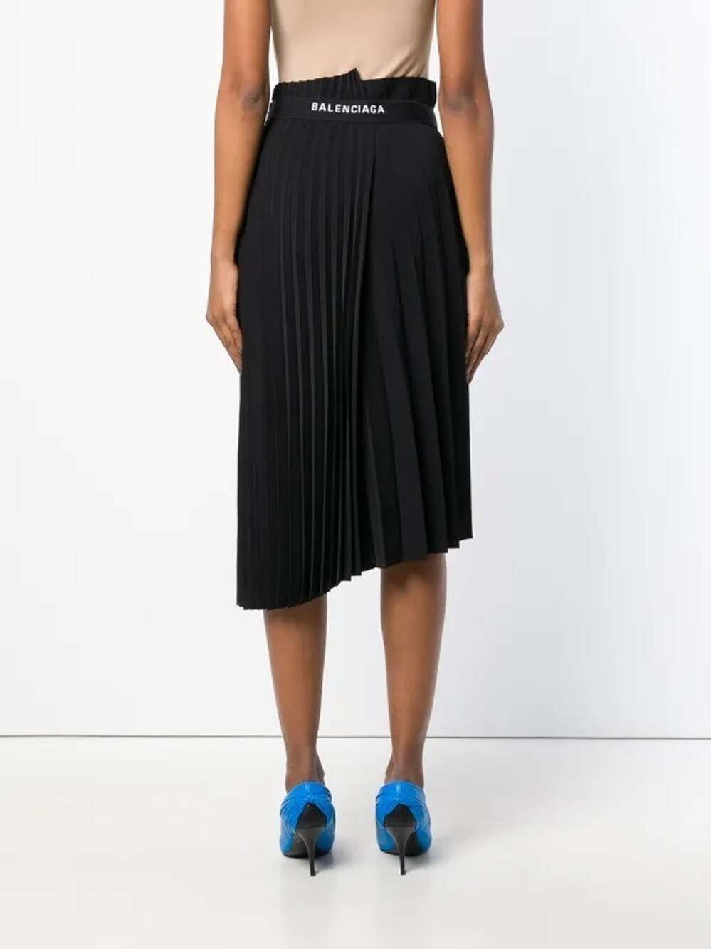 Balenciaga 2018 Fancy Asymmetric Pleated Logo Midi Skirt (FR 36 / US 4)